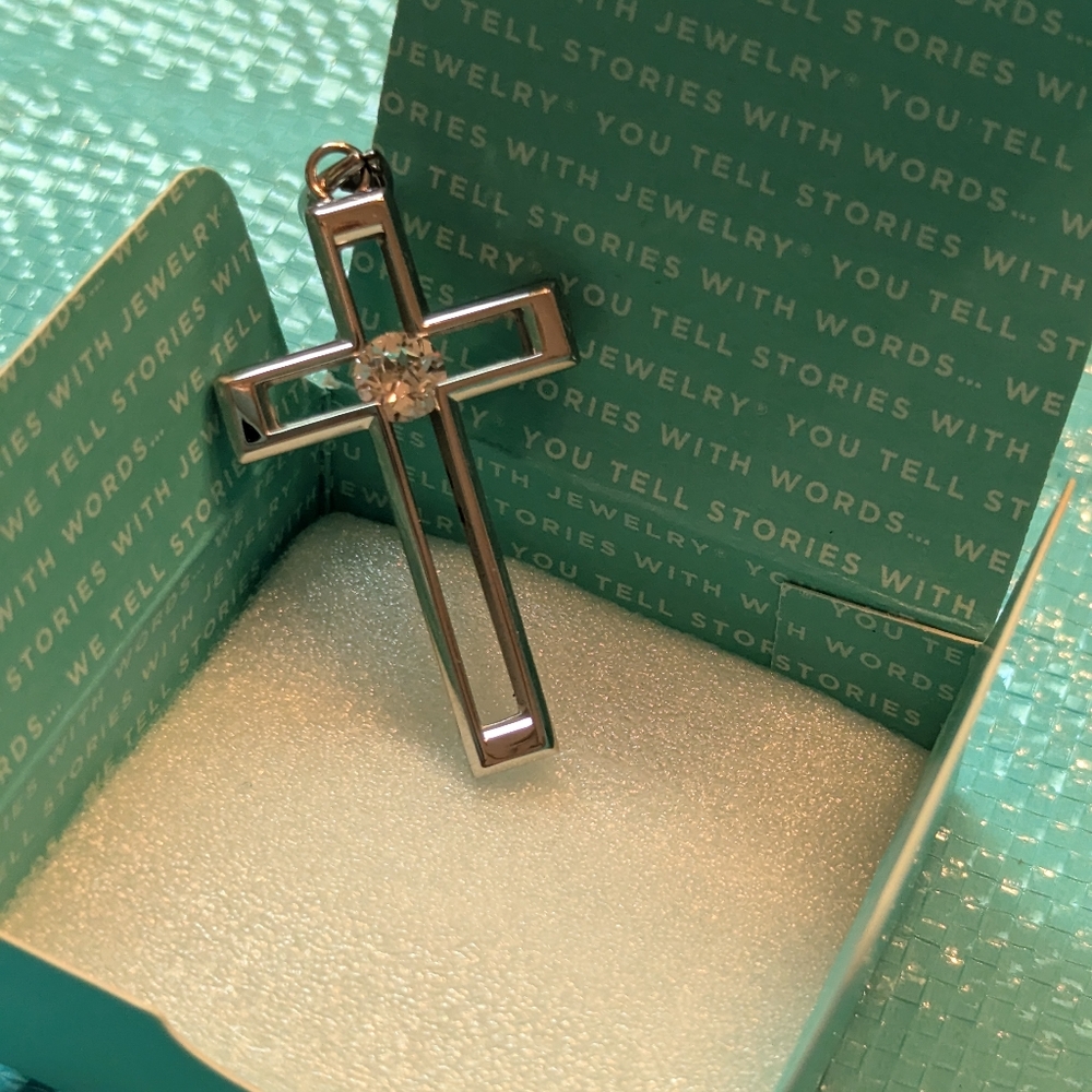Origami Owl Silver Open Cross Pendant Locket with Crystal Accent